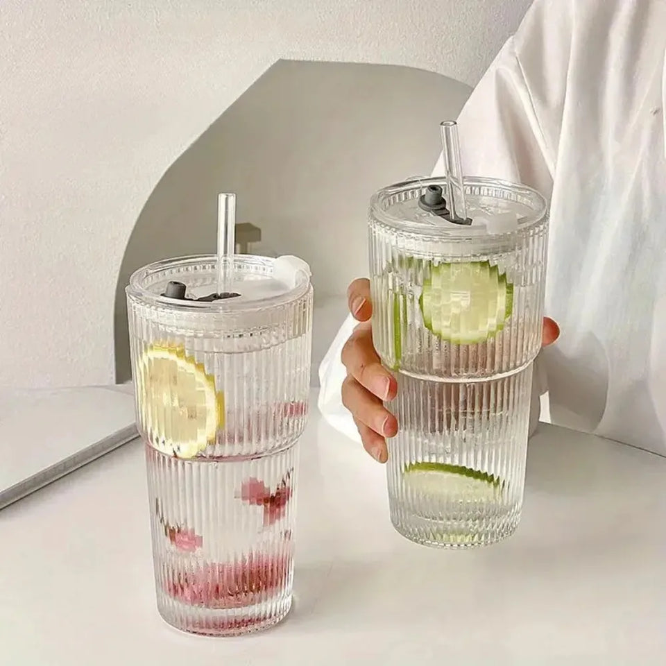 400/600ML Stripe Glass Coffee Cup With Lid and Without Cover Straw Transparent Drinking Glasses for Juice Iced Coffee Mugs