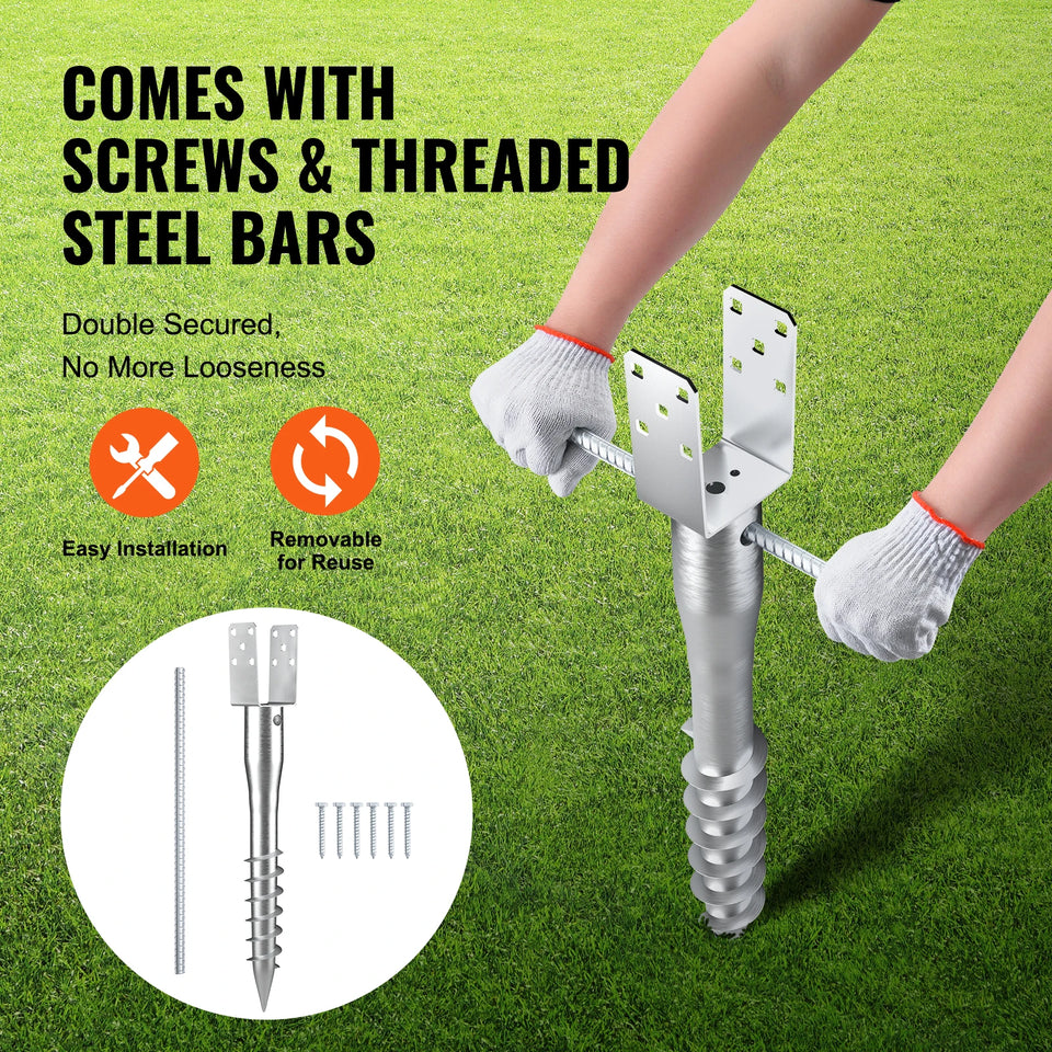 SucceBuy No Dig Ground Anchor 1Pcs 3.94 x 2.76 x 27.56 in DIY Screw in Post Stake Includes 6 Lag Bolts & a Rebar U-Shape Holder