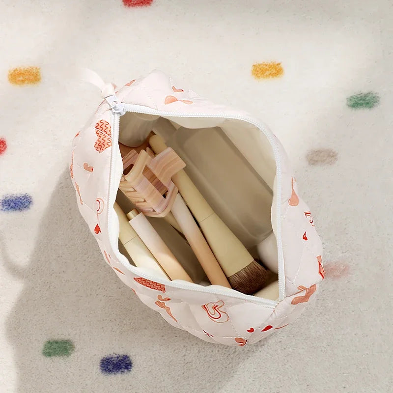 Storage Organizer Cherry Printing Makeup Bag Quilted Cosmetic Pouch Large Travel Cosmetic Bag Cute Cotton Makeup Pouch