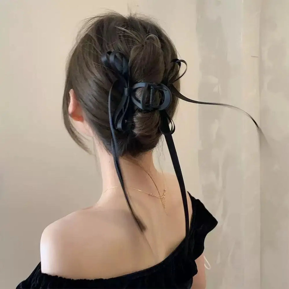 Fashion Black Bow Ribbon Hair Claw Clips Women Temperament Elegant Hairpin Princess Headdress Grab Clip Girls Hair Accessories