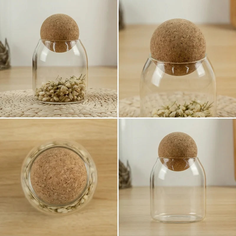 Four size spherical cork transparent glass sealed cans, suitable for storing coffee beans/tea leaves and kitchen storage