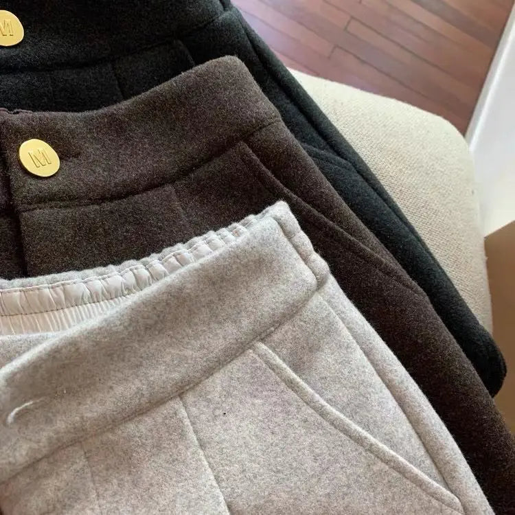 2024 Autumn Winter New Thick Woolen Shorts Korean Loose High Waisted Split Wide Leg Pants Casual Outerwear Boots Pants Women