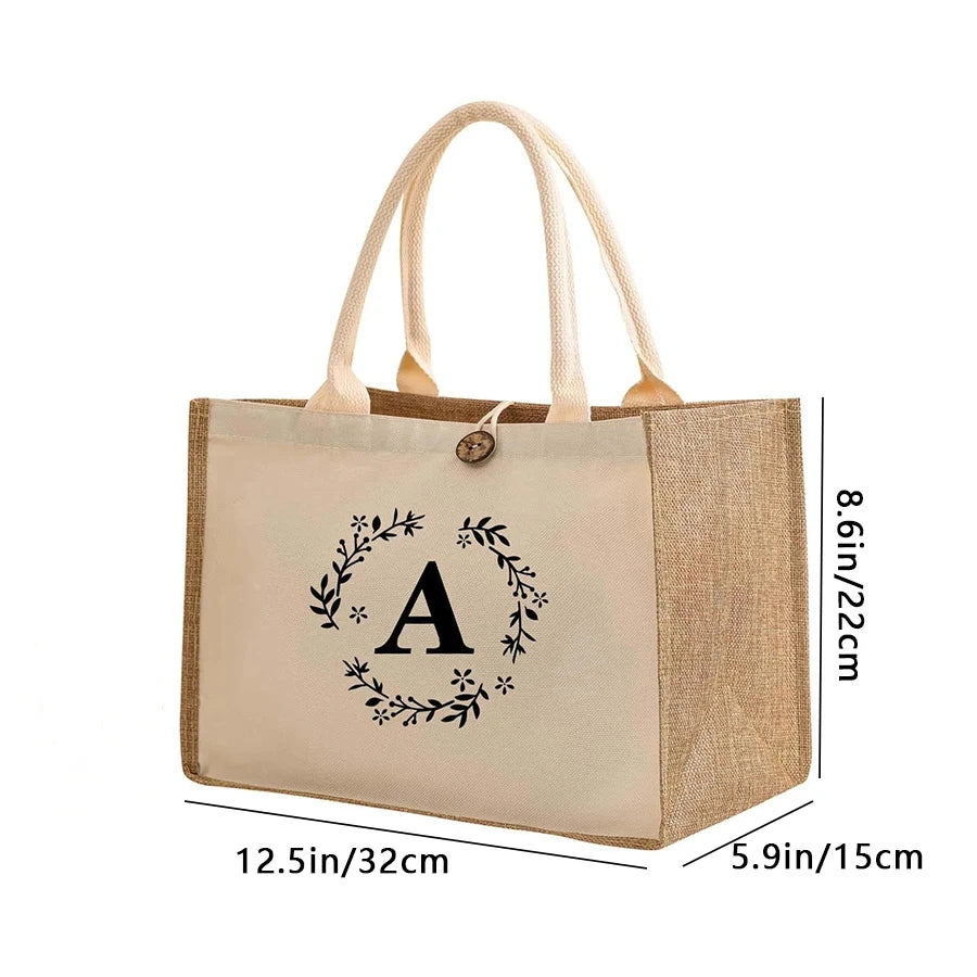 Large Capacity Ladies Tote Bag, Letter Printing Faux Linen Button Handbag, Portable Travel Storage Travel Bag