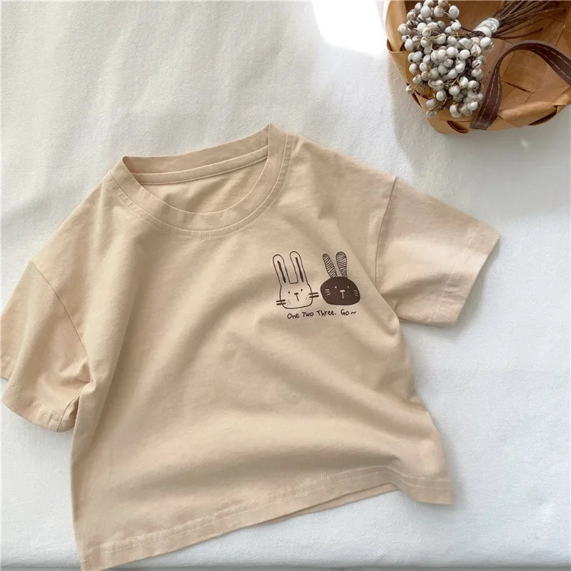 2025 Summer New Arrivals Children's short sleeve T-shirts Pure Cotton 2-7Y Cartoon Bunny T shirt Boys and Girls Looe casual Tops