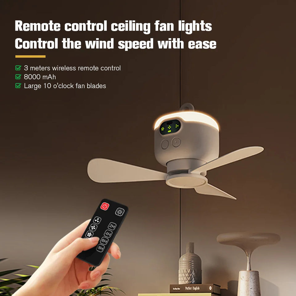 Portable Wireless Ceiling Fan Light Rechargeable Camping Fan with Remote Control Tent Fan for Outdoor Camping Dorm
