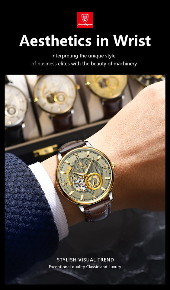 POEDAGAR Fashion Business Men Watch Waterproof Luminous Hollow Tourbillon Male Clock Automatic Mechanical Leather Men's Watches