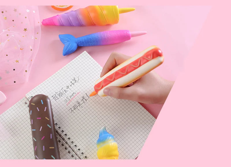 New Squishy Antistress Toys Ice Cream Hot Dog Dinosaur Slow Rising Pen Soft Squeeze Pen Stress Relief Toy Christmas Gifts