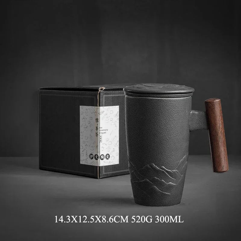 Luxury Retro Tea Cup Ceramic Mug Large Capacity Office Filter Black Water Cup with Cover Mugs Wooden Handle Cups Gift Ideas Box