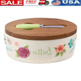Painted Meadow Butter Dish Set Acacia Wood Lid Metal Serving Knife Floral Embossed Stoneware Butter Storage Handcrafted Kitchen