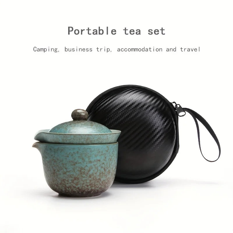 A set of exquisite ceramic tea ware, suitable for outdoor camping and home use, with a portable teapot.