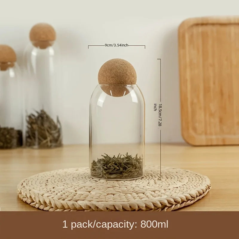 Four size spherical cork transparent glass sealed cans, suitable for storing coffee beans/tea leaves and kitchen storage
