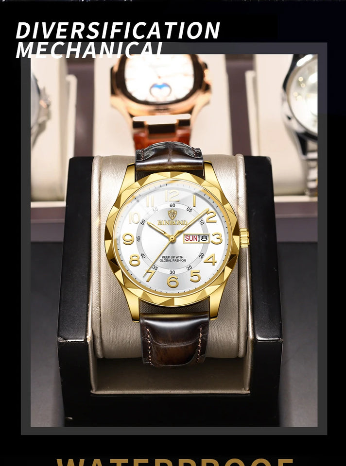 BINBOND New Fashion Mens Casual Sports Watches For Men Retro Big Dial Quartz Watches Classic Leather Business Men Watches B5663