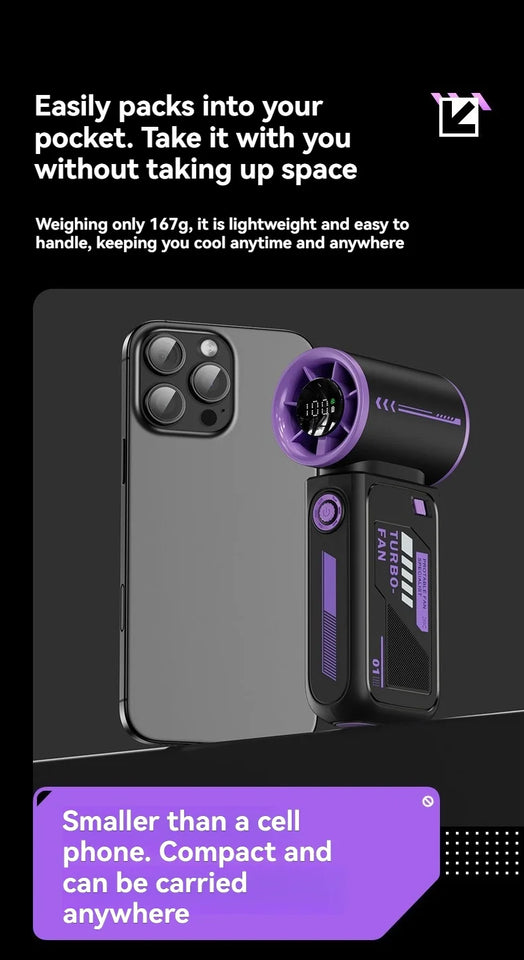 2025 New High Speed Turbo Small Air Cannon Electric Fan Portable Digital Display Handheld Fan USB Charging Fan Outdoor Mini Fan