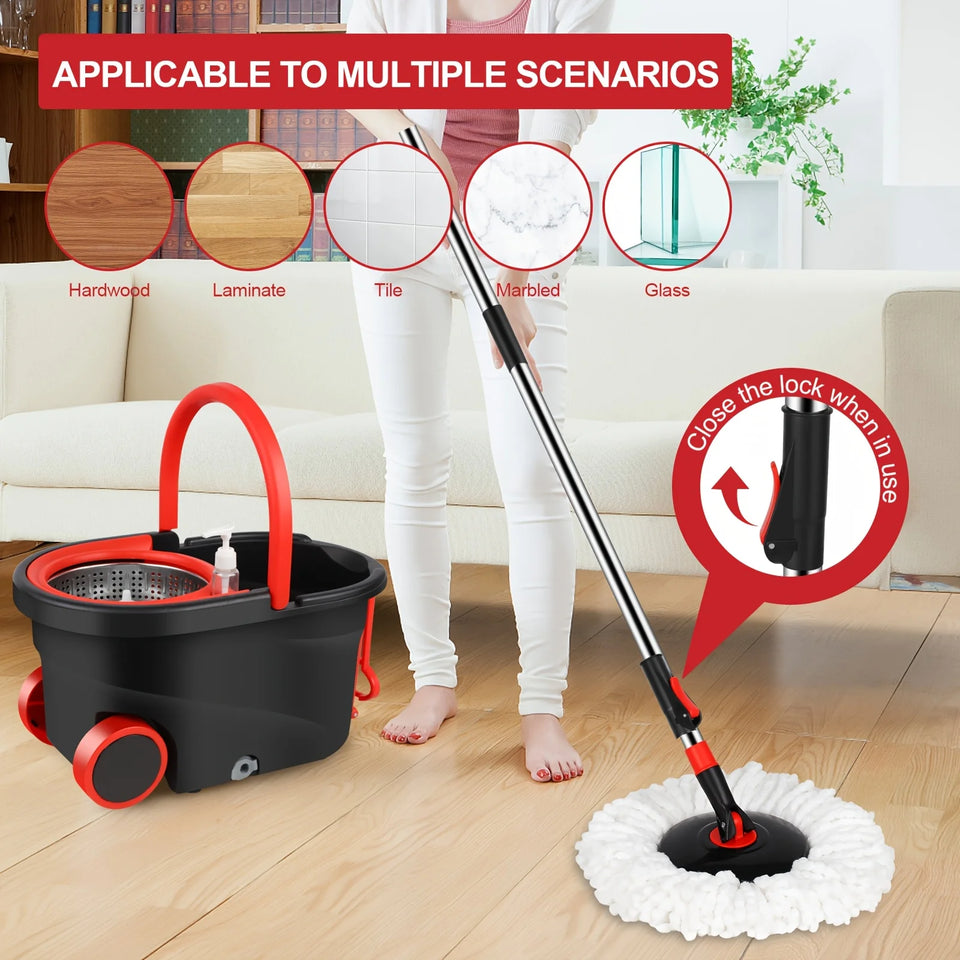 Spin Mop and Bucket Set with Wringer 360° Spinning, 4 Microfiber Mop Heads 61" Adjustable Handle Stainless Steel Floor Cleaner