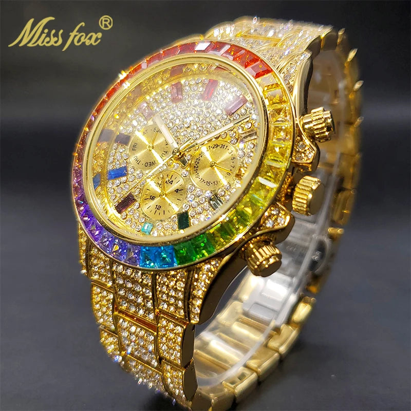 MISSFOX Men Watches 2021 Luxury Large Case With Baguette Full Diamond Quartz Wristwatch Chronograph Calendar Watch Droshipping