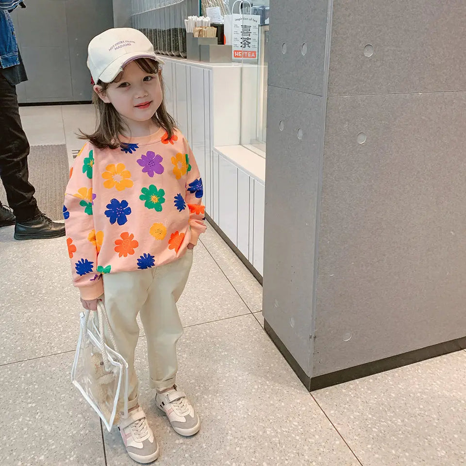 Spring Autumn Baby and Girls Sweet All-Over Flowers Sweatshirt School Kids Outfit Pullover Tops Child Workout Jumper 1-12 Years
