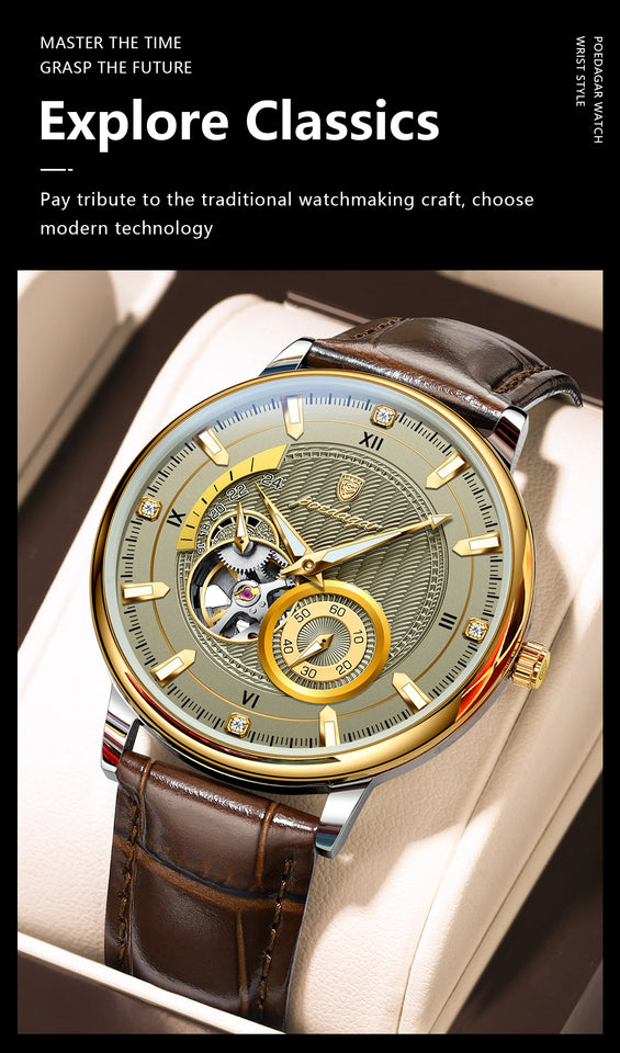 POEDAGAR Fashion Business Men Watch Waterproof Luminous Hollow Tourbillon Male Clock Automatic Mechanical Leather Men's Watches