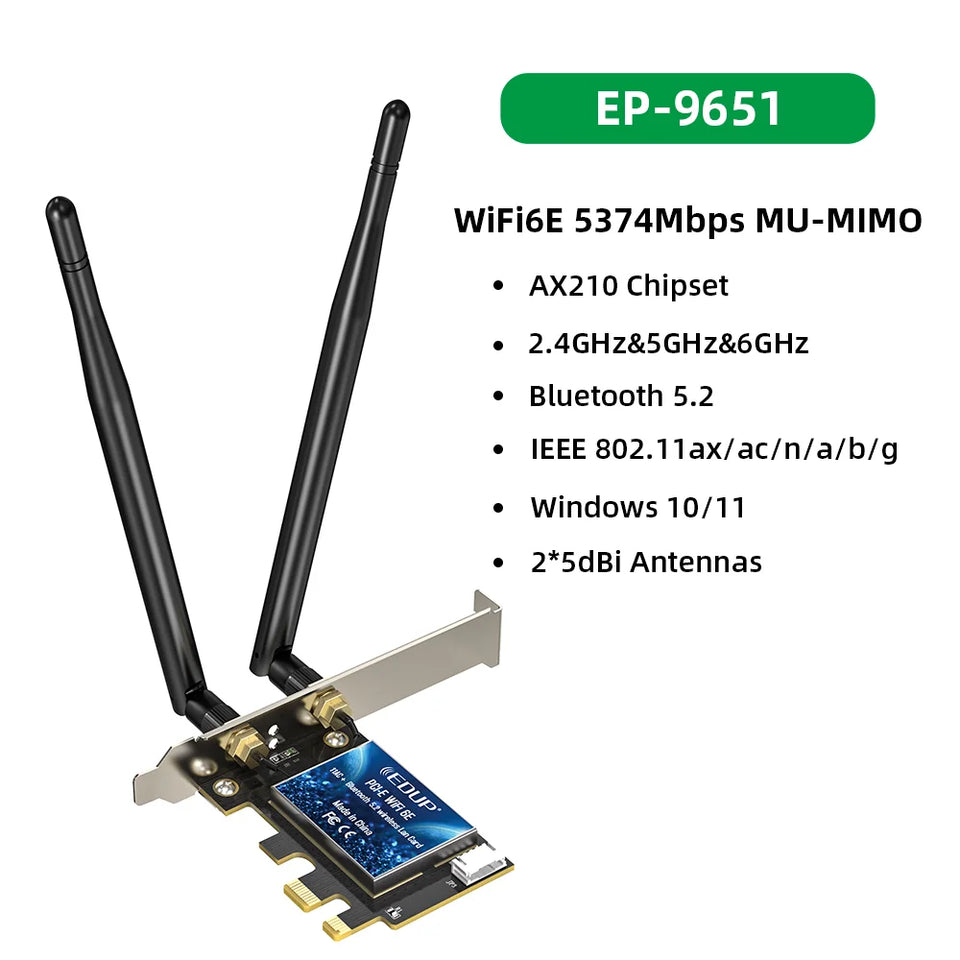 EDUP 5374Mbps WiFi 6E Intel AX210 PCIe Wireless WiFi Adapter PCI Express 2.4G/5G/6GHz 802.11AX Bluetooth5.3 For Desktop Win10/11