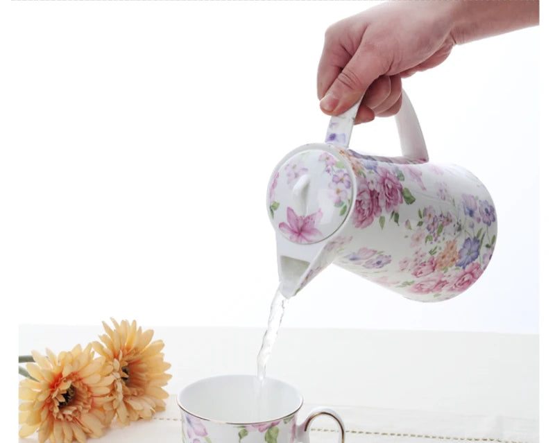 1200ML, real bone china water jug, porcelain water pitcher, carafe and glass set, ceramic tea pot, water jar for kitchen, coffee
