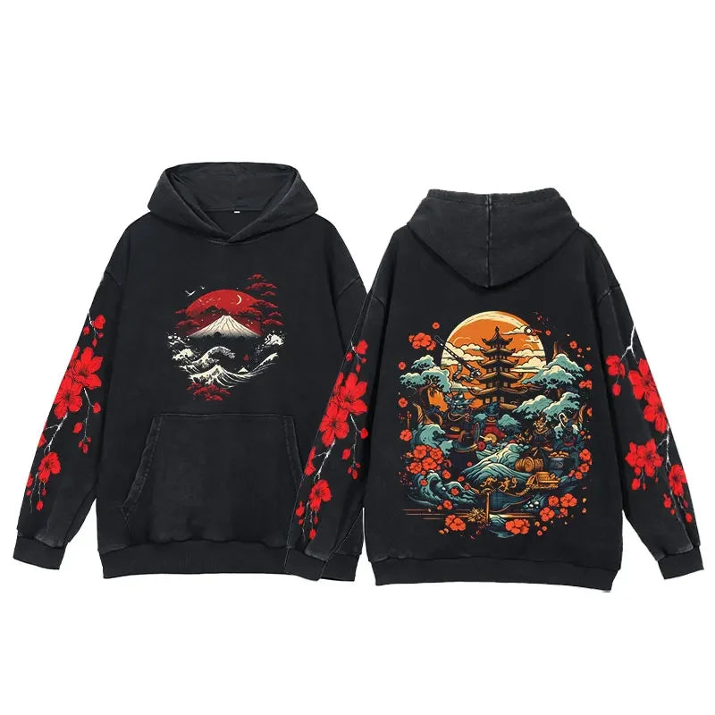 Y2K Anime Hoodies Men Ukiyoe Oversized Loose Vintage Acid Wash Hooded Sweatshirt Women Goth Harajuku Cotton Long Sleeve Pullover