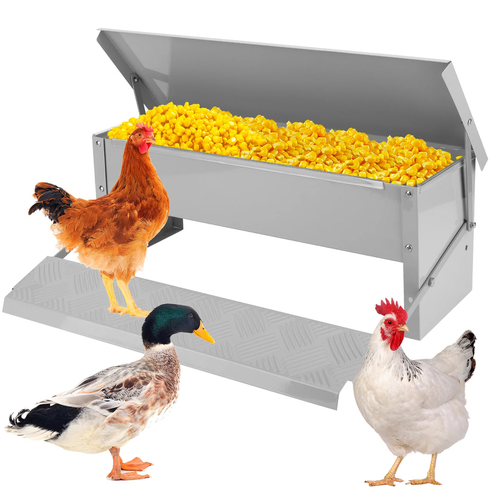 Treadle Chicken Feeder with Weatherproof Lid Rat Proof Chicken Feeder Metal Chicken Feeder for Chickens Ducks and Geese