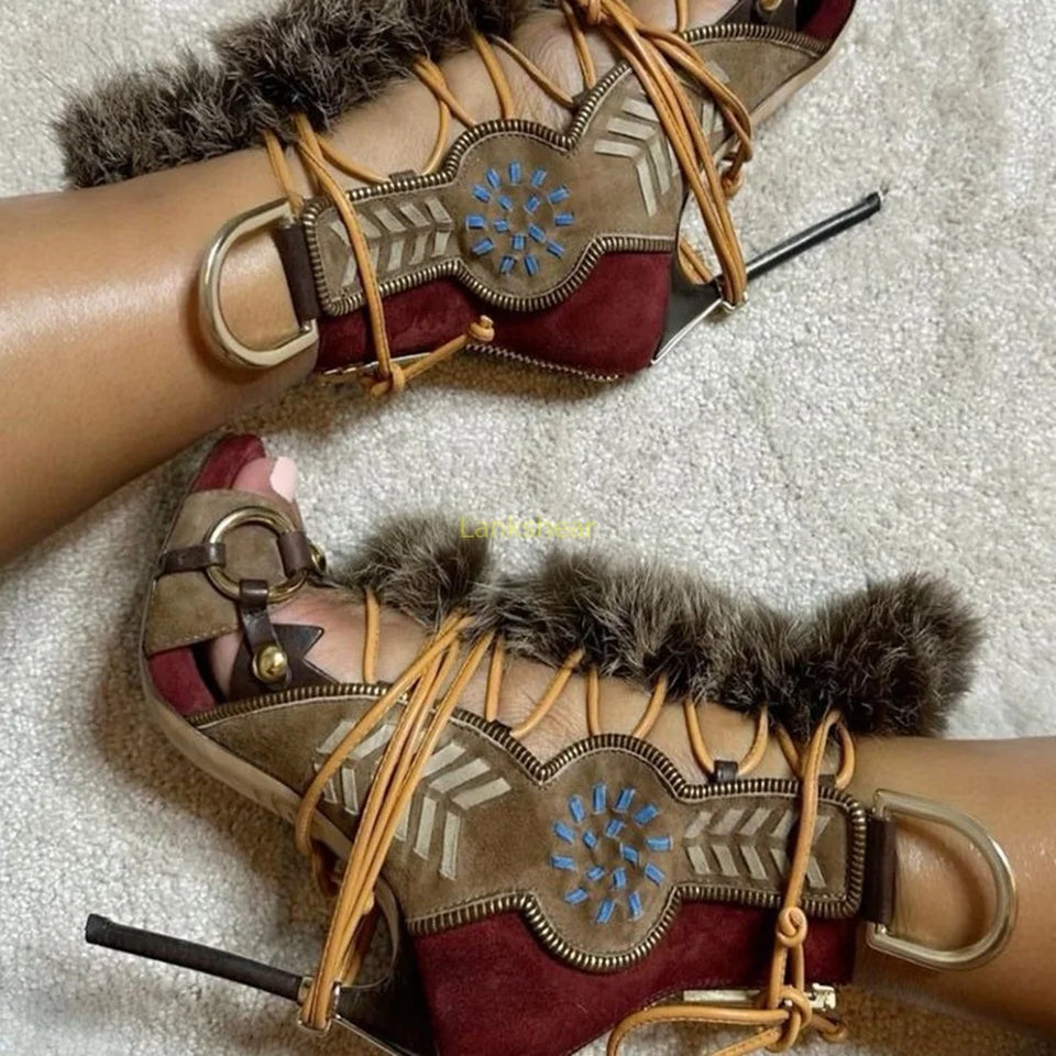 Fur Peep Toe Cross Tied Platform Sandal Boots Sexy Round Toe Thin Heel Zippeer New Arrivals Fashion Women Modern Boors