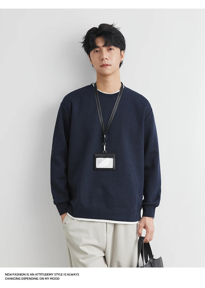Men's Long Sleeve Casual Hoodie Loose Fit Round Neck White Top For Spring Autumn Versatile Sweatshirt Trendy Brand Men's Wear