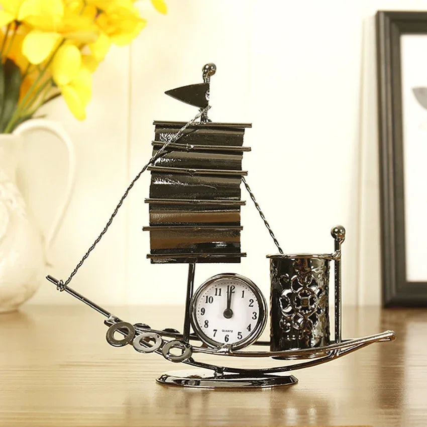 Creative Sailboat Shaped Pen Holder With Clock Office Pencil Box Desk Organizer Stand Case Stationery, Home Desktop Decoration