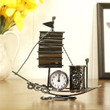 Creative Sailboat Shaped Pen Holder With Clock Office Pencil Box Desk Organizer Stand Case Stationery, Home Desktop Decoration
