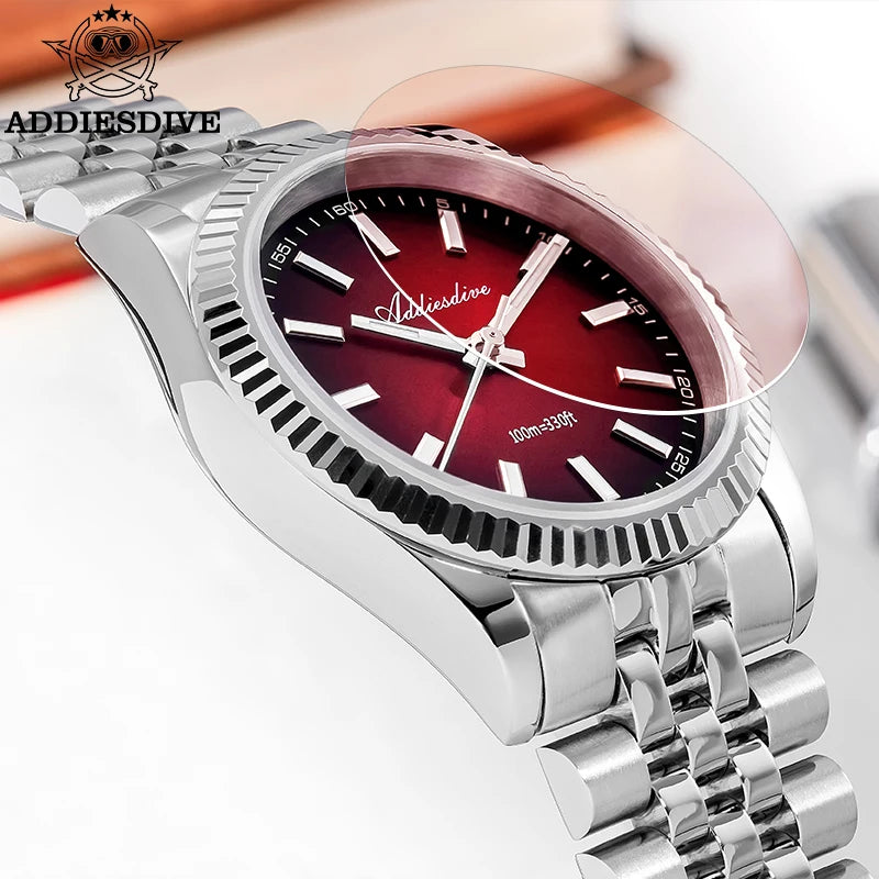 ADDIESDIVE AD2073 Men's Business Watch Sapphire Glass Stainless Steel Quartz Wristwatches Gradient Red Dial Watches Reloj Hombre