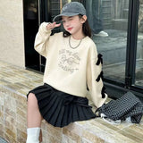 Girls' 2025 New Spring/Autumn Long Sleeve Bowknot Loose Fit Stylish Korean Style Mid-Big Kids Sweatshirt