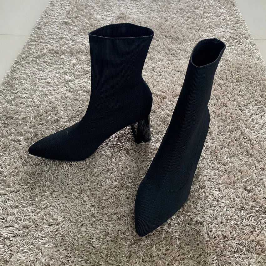 2025 Autumn Winter Knitted Stretch Fabric Socks Boots Women Low Heel Short Boots Pointed Toe Female Ankle Booties Size 42