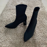 2025 Autumn Winter Knitted Stretch Fabric Socks Boots Women Low Heel Short Boots Pointed Toe Female Ankle Booties Size 42