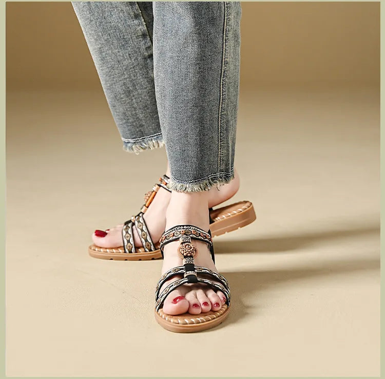 Women's sandals summer bohemian one line elegant slimming anti slip comfortable daily vacation flat beach shoes