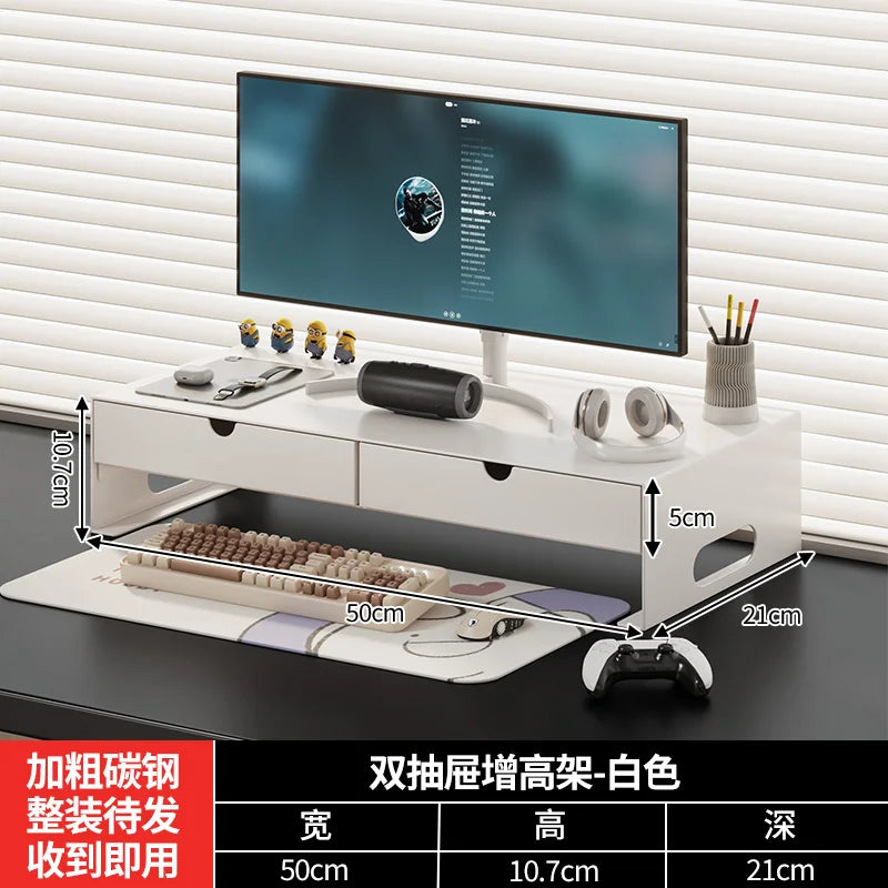 Carbon Steel Monitor Stand with Drawer Desktop Riser Shelf for Computer Office Desk Organizer Ergonomic Workspace Solution