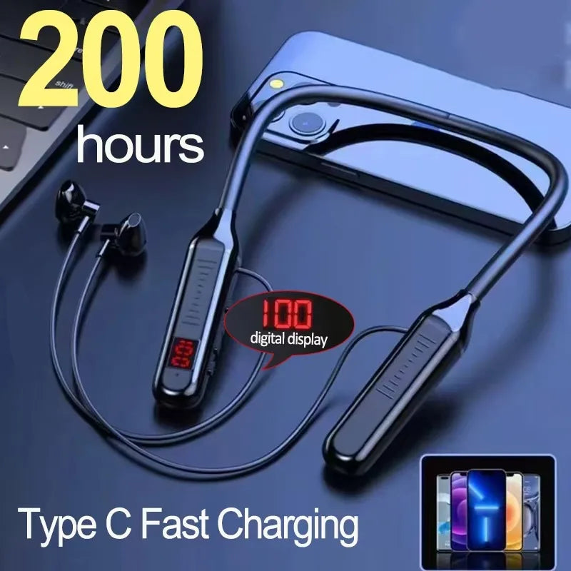 VIKEFON Wireless Earphones 5.3 Neckband Headphones Gaming LED Display Stereo Sports Headset Halter Waterproof Magnetic Earbuds