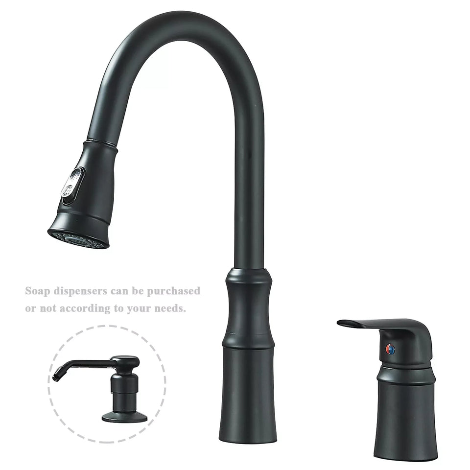 Matte Black Kitchen Sink Faucet with Pull Down Sprayer 1 Handle 2 Hole Mixer Tap Hot and Cold Taps