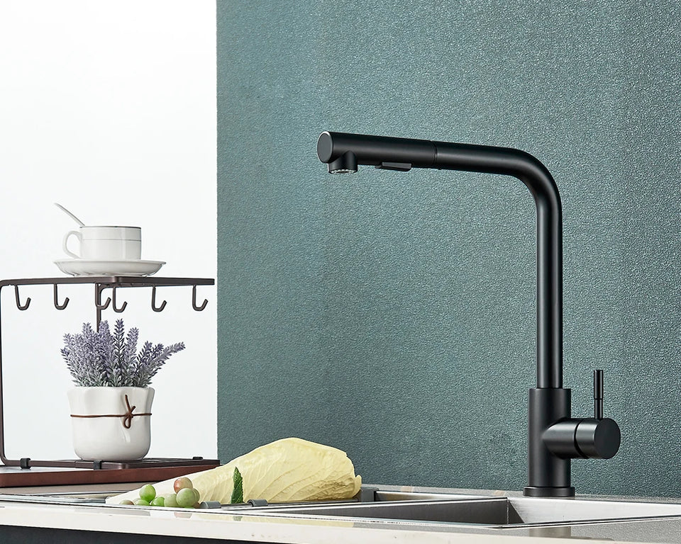 Matte Black Kitchen Faucet Pull Out Kitchen Sink Water Taps Dual Way Sprayer Mixer Tap 360 Rotation Cranes Deck Mounted