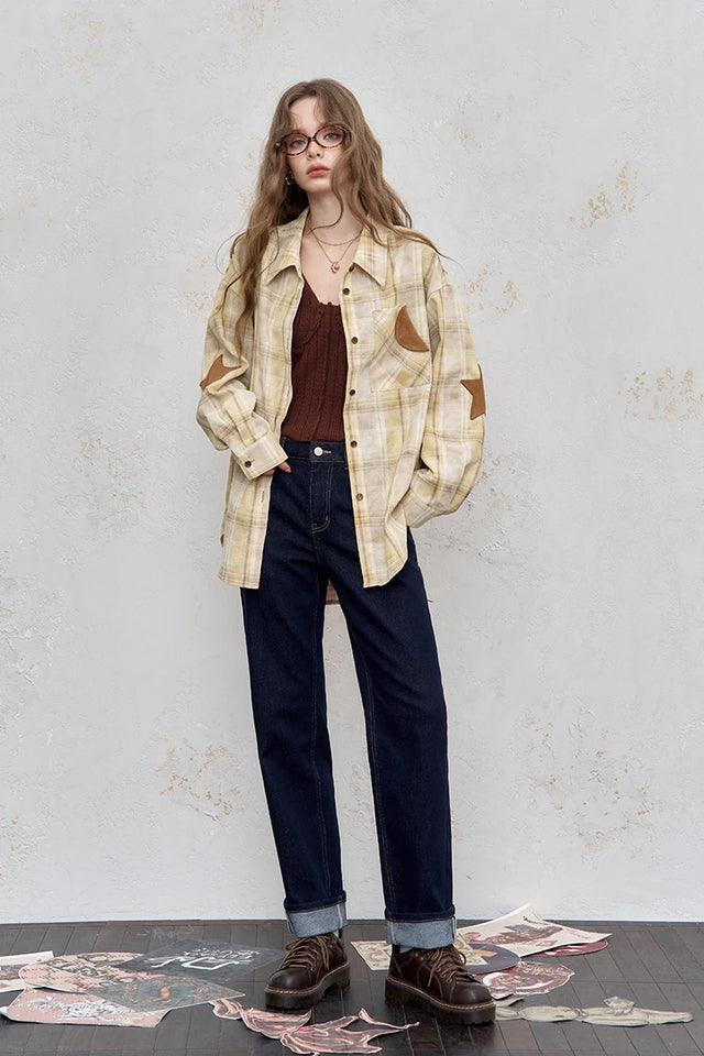 2025 Autumn ELFSACK New Arrivals Casual Color Block Plaid Oversized Long Sleeve Lapel Collar Shirt For Women