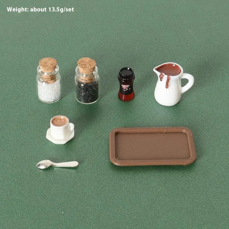 Handcrafted 7Pcs Miniature Dollhouse Coffee Cup Scene Model with Tray Plate, Perfect for Desktop Decoration