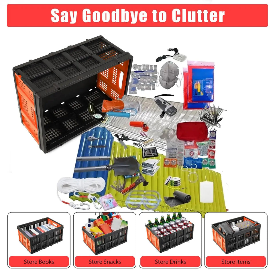 55L Heavy-Duty Collapsible Plastic Crate Foldable Storage Basket with Side Handles, Stackable Design for Food Drinks Books Tools