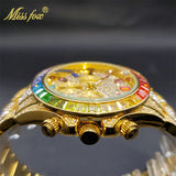 MISSFOX Men Watches 2021 Luxury Large Case With Baguette Full Diamond Quartz Wristwatch Chronograph Calendar Watch Droshipping