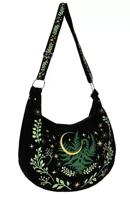 Dark Gothic Witch Plant Embroidered Flannel Shoulder Underarm Bag, Vintage Large Capacity Crossbody Bag,  Bags for Women