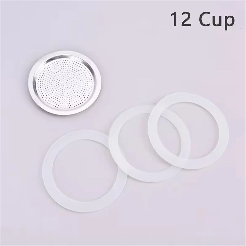 1 Set, 3pcs Silicone Gaskets and 1pc Aluminum Filter Moka Pot Coffee Bottle Replacement Compatible with 3/6/9/12 Cup Moka Expres
