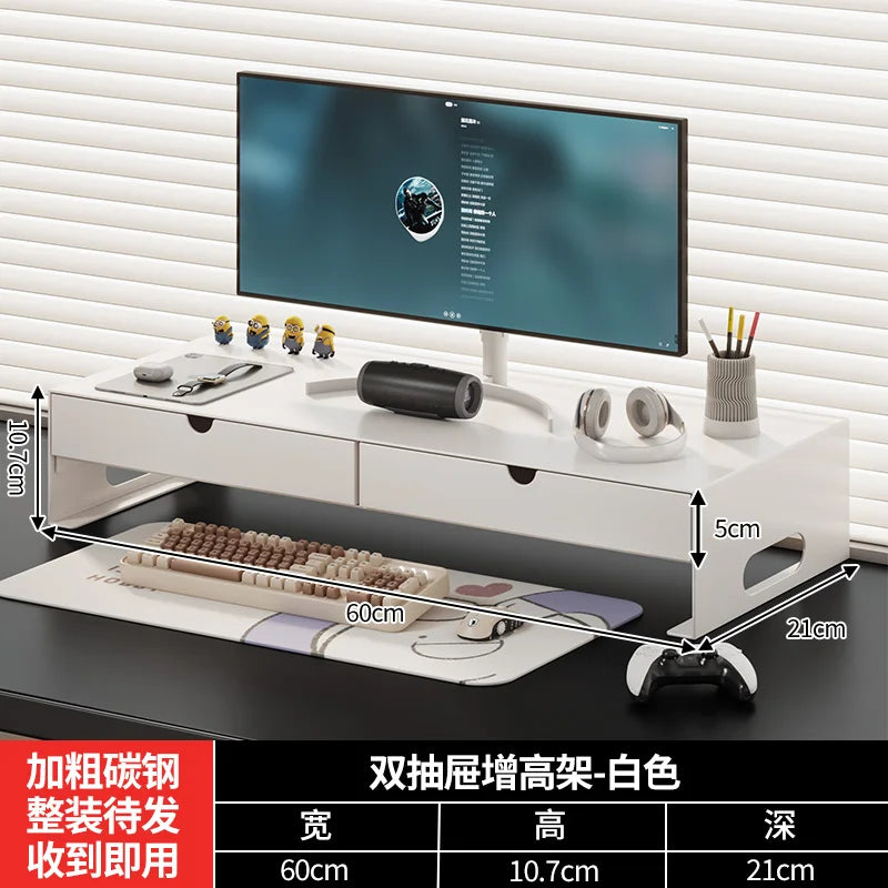 Carbon Steel Monitor Stand with Drawer Desktop Riser Shelf for Computer Office Desk Organizer Ergonomic Workspace Solution