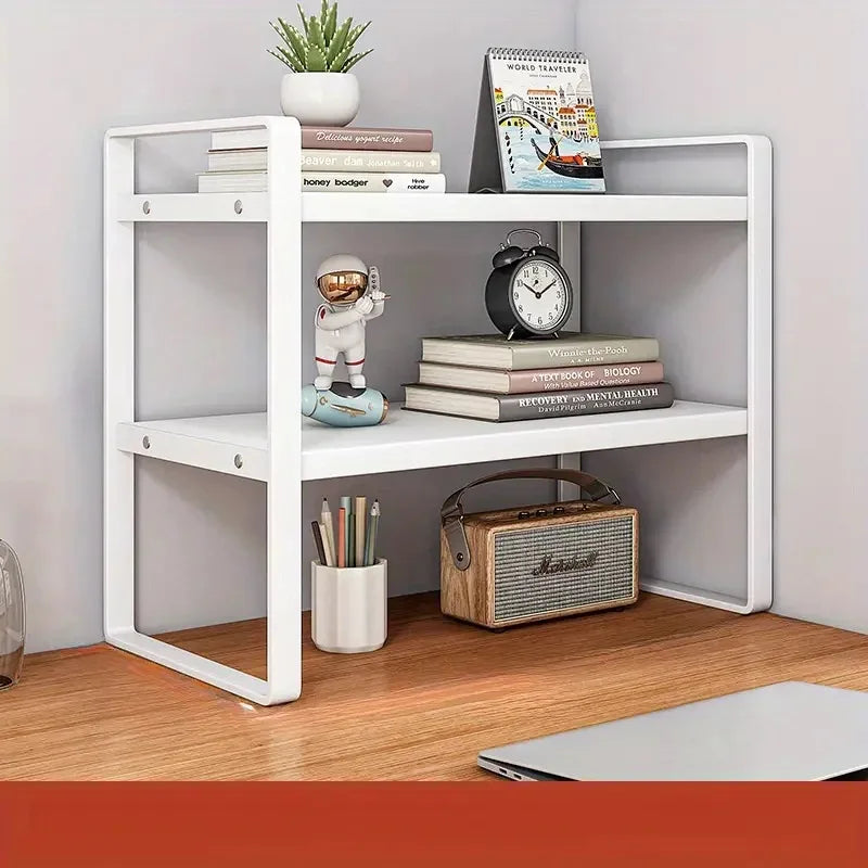 LUSQI 2 tier Shelf Desktop Storage Bookshelf Student Desk Shelves Racks Office Computer Desk Tiered Cabinet Home Storage Holders