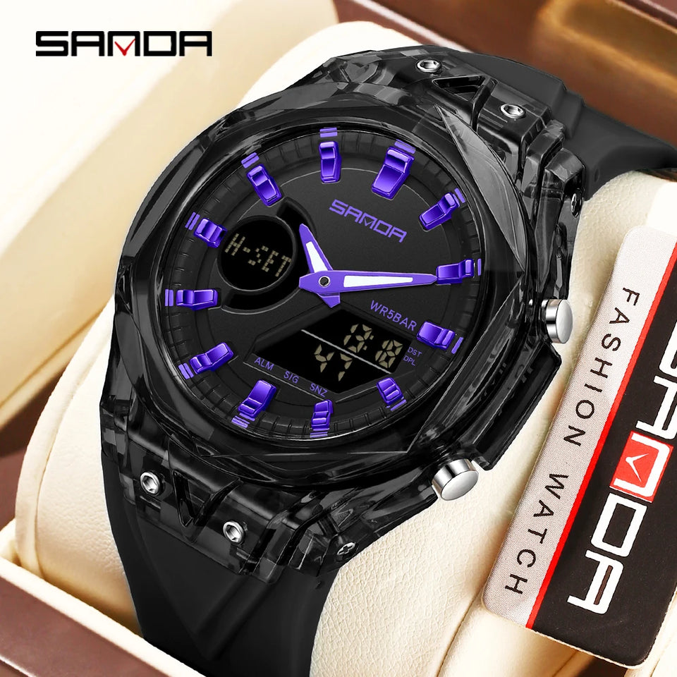 SANDA Top New 6283 Dual Display Multifunctional Student Electronic Watch Alarm Clock Night Light Waterproof Sports Student Watch