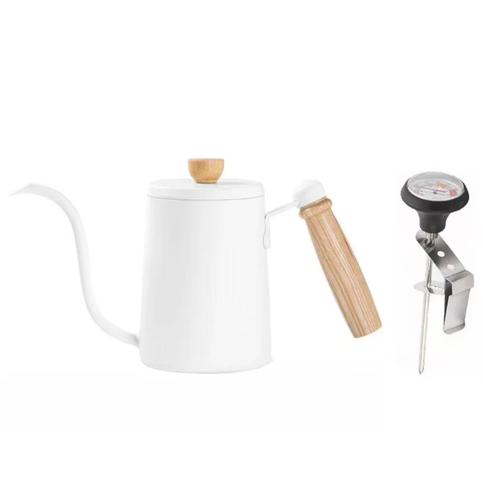600ML Non-stick Stainless Steel Pour Over Coffee Tea Pot with Thermomet Long Narrow Spout Hand Drip Kettle Coffee Accessories