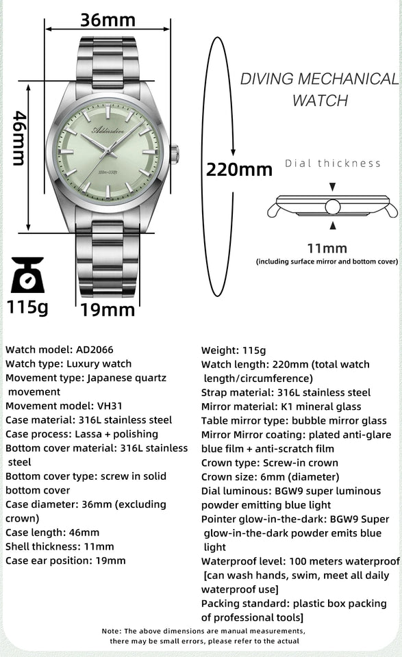 ADDIESDIVE AD2066 Men's Luxury Watch 10Bar Waterproof BGW9 Super Luminous 316L Stainless Steel reloj hombre VH31 Quartz Watches