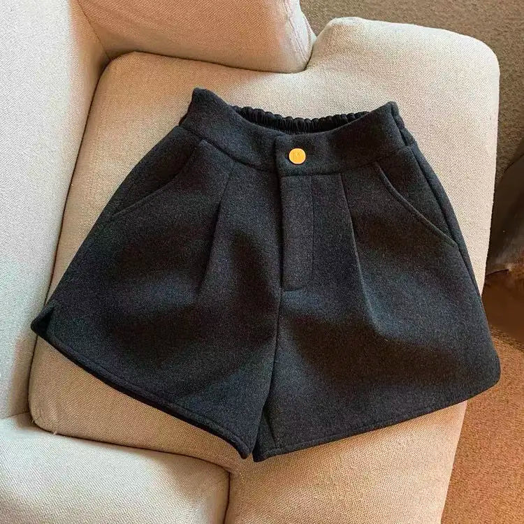 2024 Autumn Winter New Thick Woolen Shorts Korean Loose High Waisted Split Wide Leg Pants Casual Outerwear Boots Pants Women